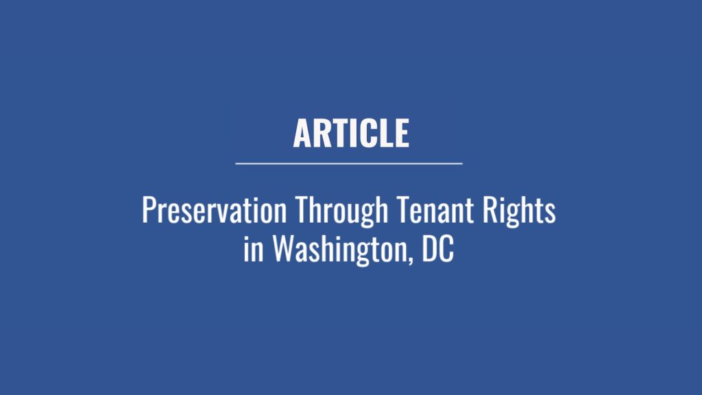 White text on a blue background that says Article: Preservation through Tenant Rights in Washington, DC