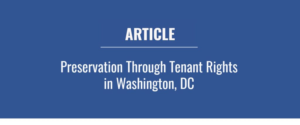 Blue background with white text that reads "Article: Preservation Through Tenant Rights in Washington, DC"