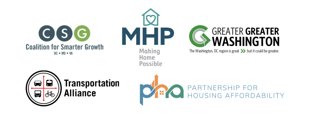 Logos for Coalition for Smart Growth, Montgomery Housing Partnership, Greater Greater Washington, Central Maryland Transportation Alliance, and Partnership for Housing Affordability