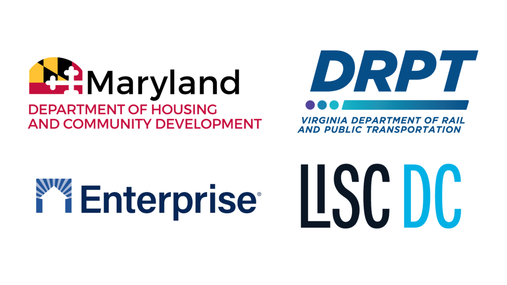 Logos for the Maryland Department of Housing & Community Development, the Virginia Department of Rail & Public Transportation, Enterprise Community Partners, and LISC DC